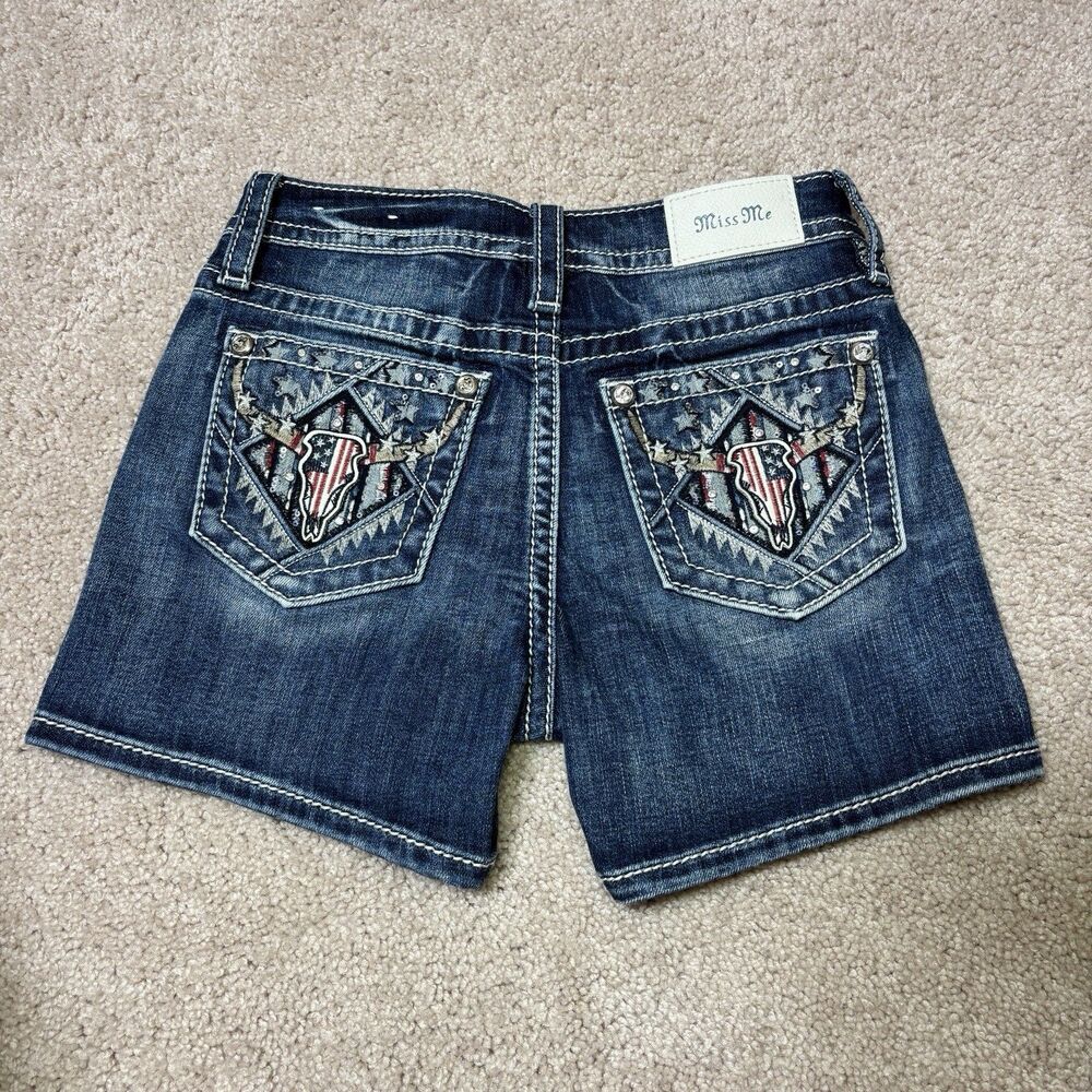Miss Me Los Angeles Blue Denim Embroidered Rhinestone USA Bull Shorts Women's 25